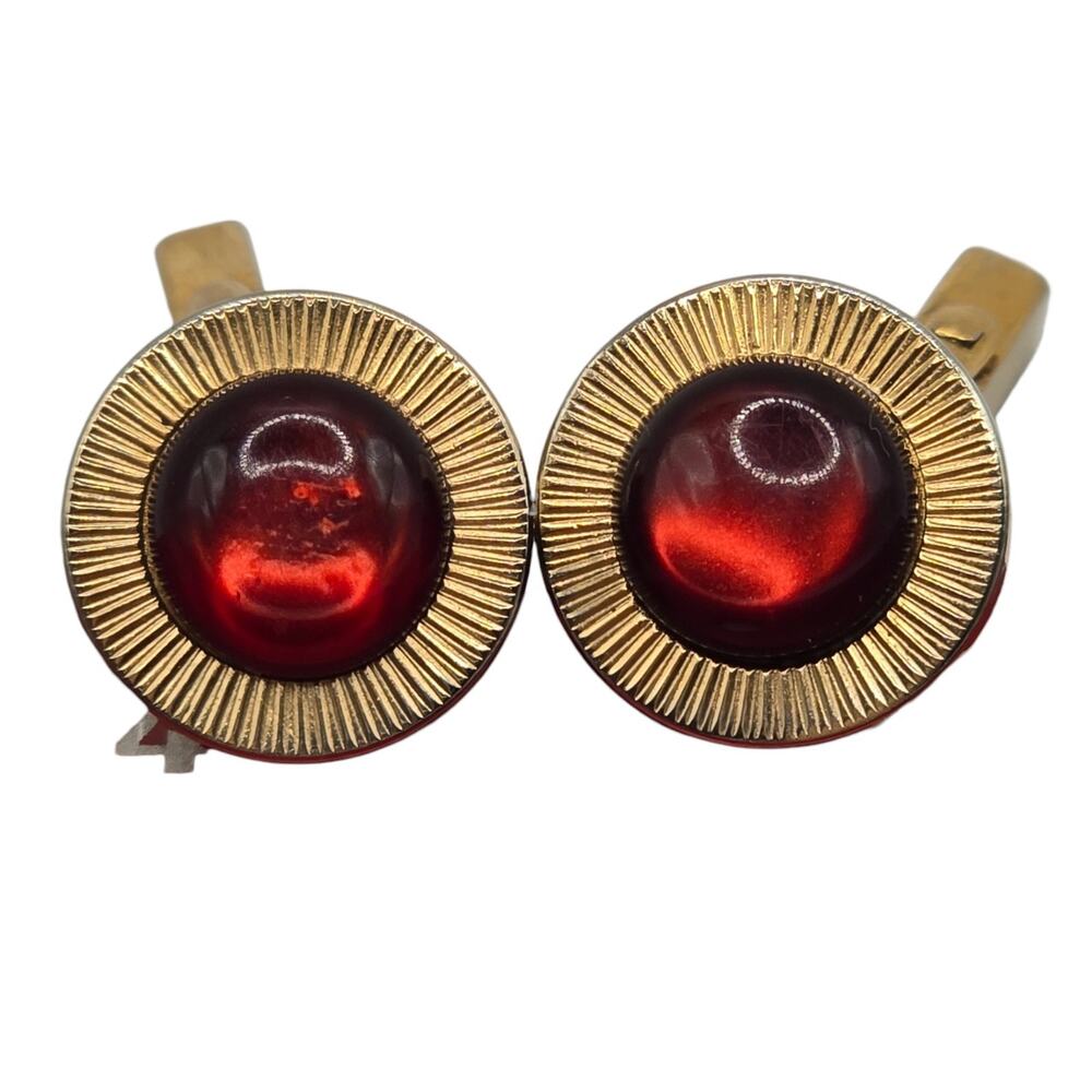 Vintage Swank Cufflinks Deep Red Glass MCM Folding Toggle Gold Tone 50s 70s